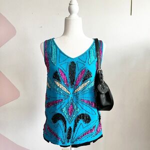 Diane Gilman Sequin Tank Top, 100% Silk Y2K Coquette Party Maximalist Small